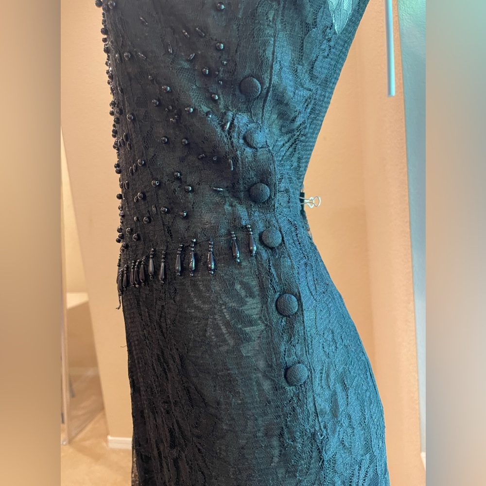 VTG  Y2K JASMINE BY KVM  Black Lace sheer Gothic Maxi Dress Beaded Trim Flapper